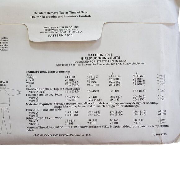 Vintage 80s Kwik Sew Pattern 1911 Uncut Girls Jogging Suit Sweatshirt 4 5 6 7 - Picture 4 of 4